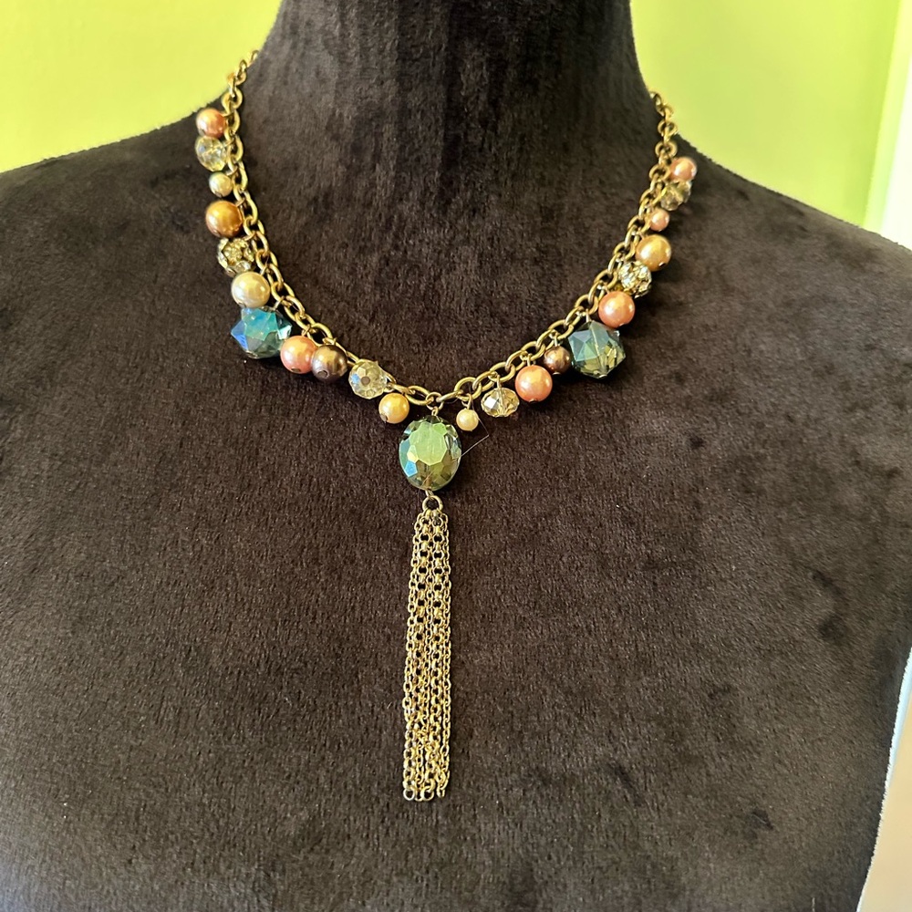 Beaded Statement Necklace with Faux Pearls, Gems, and Rhinestone Disco Balls